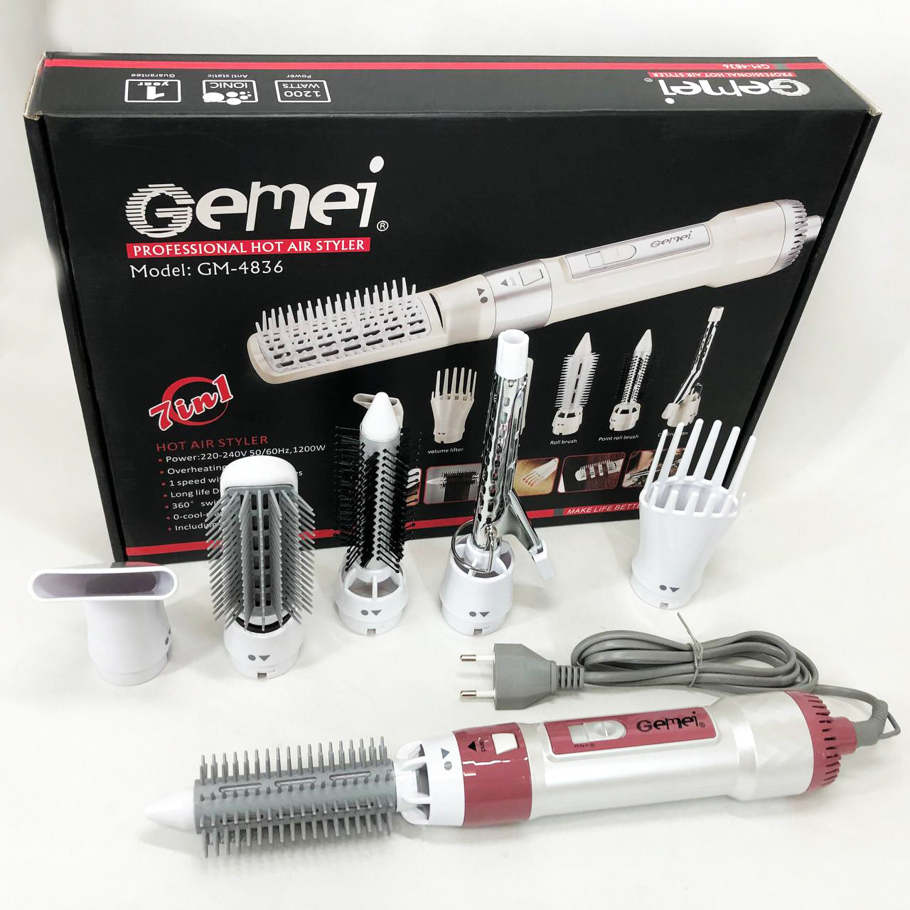 Фен для волос стайлер с насадками Gemei GM-4836 7 в 1, Фен-стайлер с различными насадками