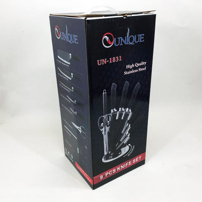Набор ножей UNIQUE UN-1831, 9 предметов, с подставкой, нержавеющая сталь, с овощечисткой, черный