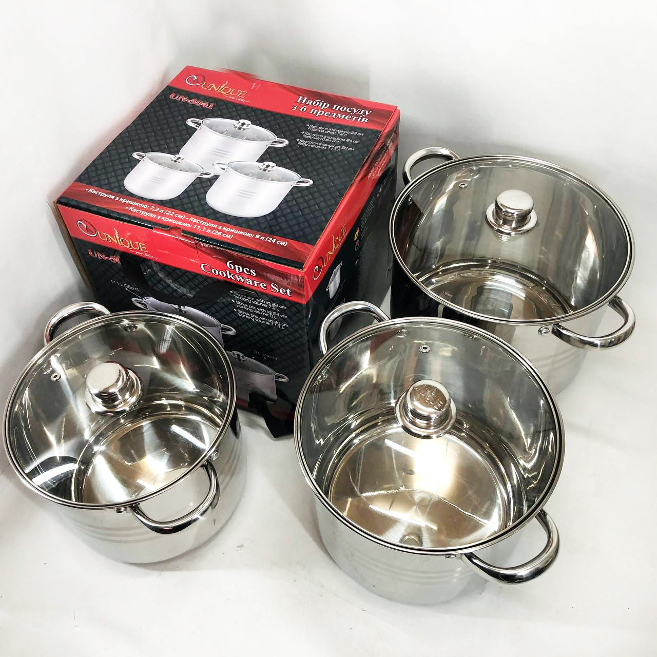 Набор больших кастрюль Unique UN-5041 из нержавеющей стали 5-ти слойным дном с крышками