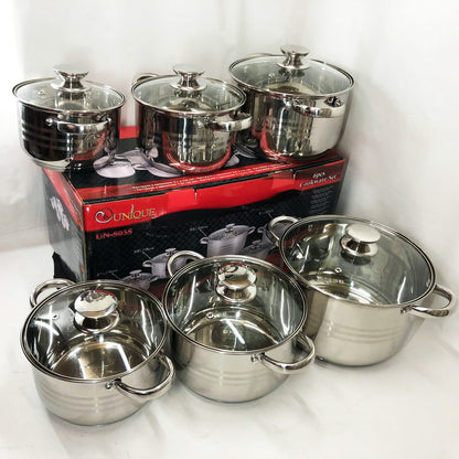 Набор кастрюль UNIQUE UN-5035 из нержавеющей стали с толстым дном в 5 слоев с крышками стеклянными 6 предметов