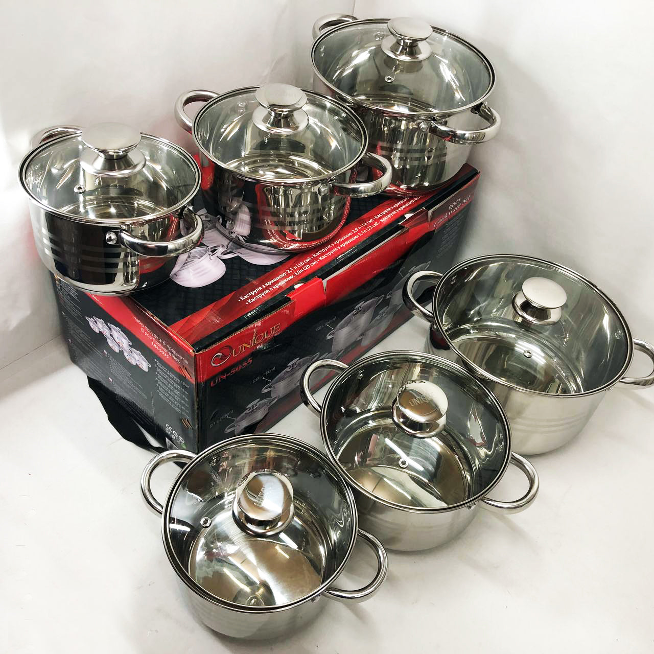 Набор кастрюль UNIQUE UN-5035 из нержавеющей стали с толстым дном в 5 слоев с крышками стеклянными 6 предметов