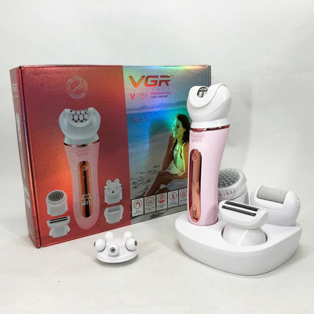 Эпилятор VGR 5 в 1 V-751, 5 насадок. Цвет: розовый