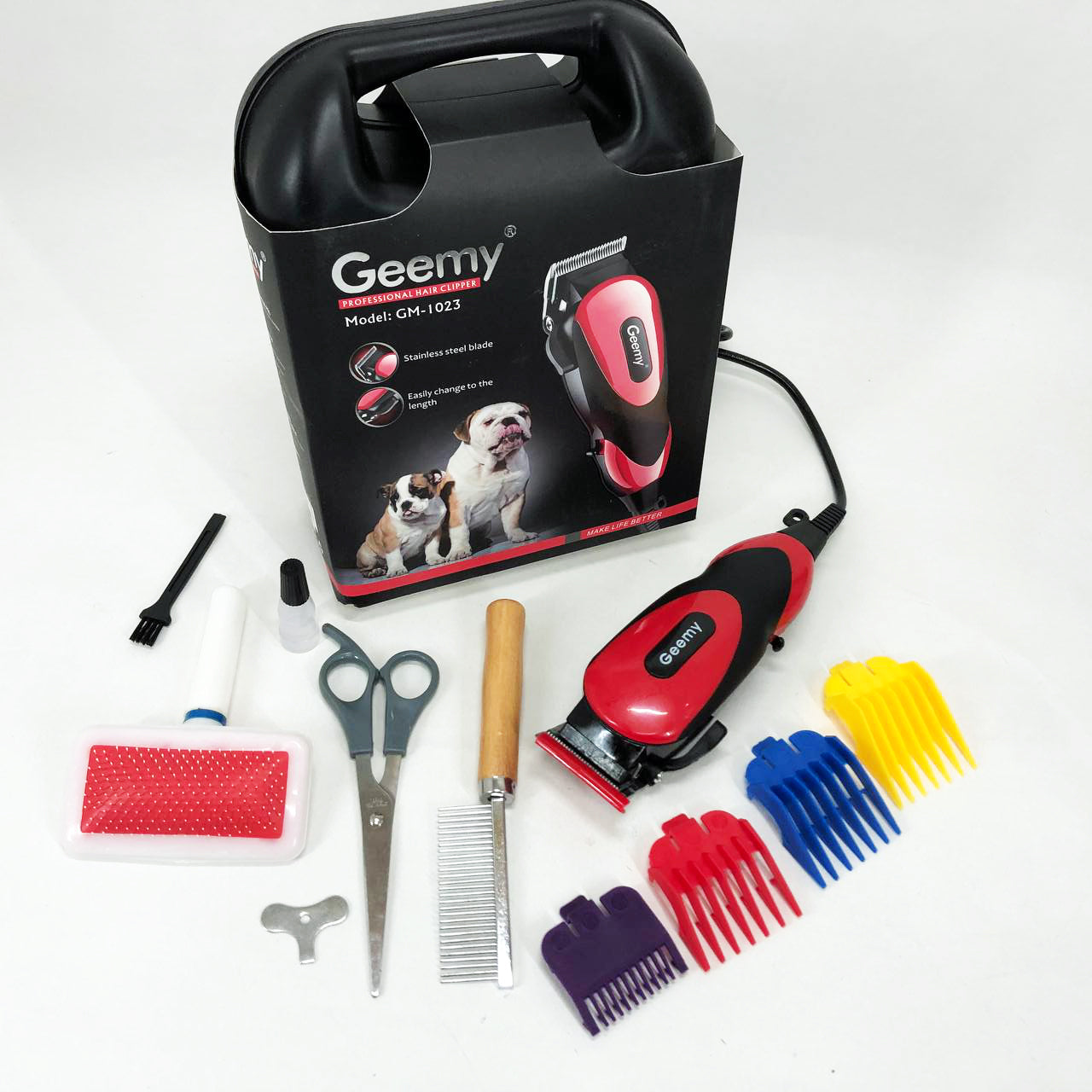 Машинка Gemei GM-1023 для стрижки животных с 4 насадками для любого типа шерсти + ножницы и расческа-гребешок