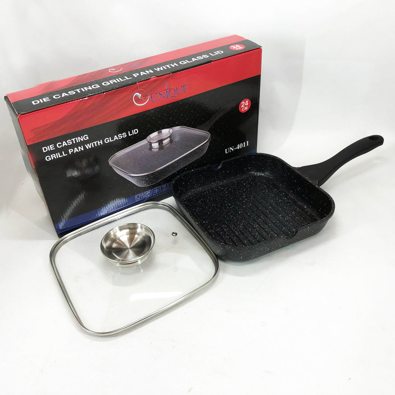 Сковорода-гриль Unique UN-4011 с крышкой 24 см, Сковорода для приготовления на плите с толстым дном