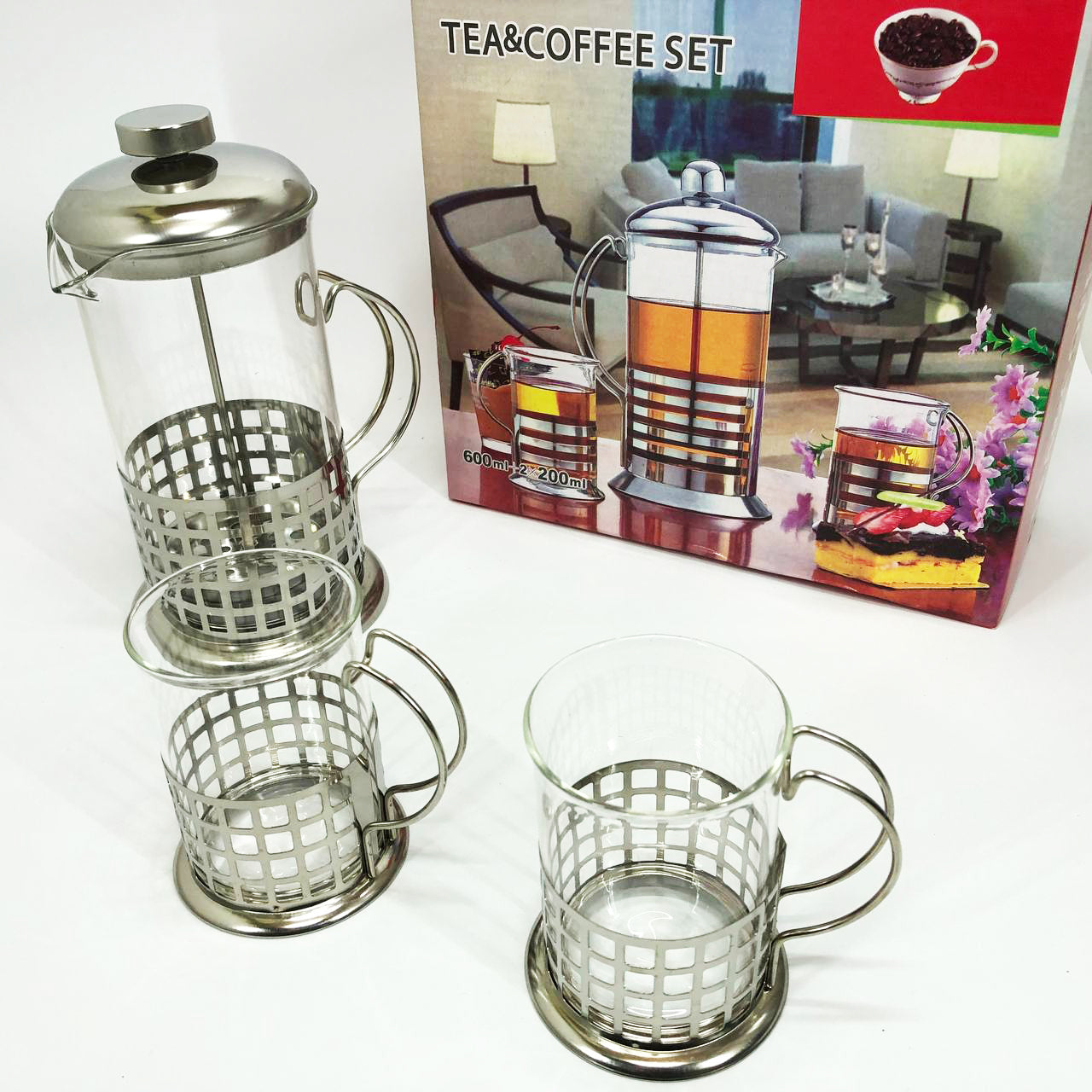 Пресс заварник из жаропрочного боросиликатного стекла UNIQUE UN-1155 0.6 л + 2 чашки Френч-пресс для кофе