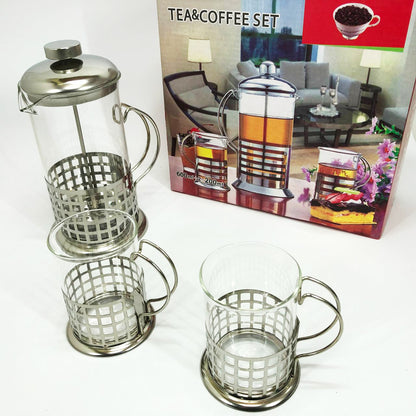 Пресс заварник из жаропрочного боросиликатного стекла UNIQUE UN-1155 0.6 л + 2 чашки Френч-пресс для кофе