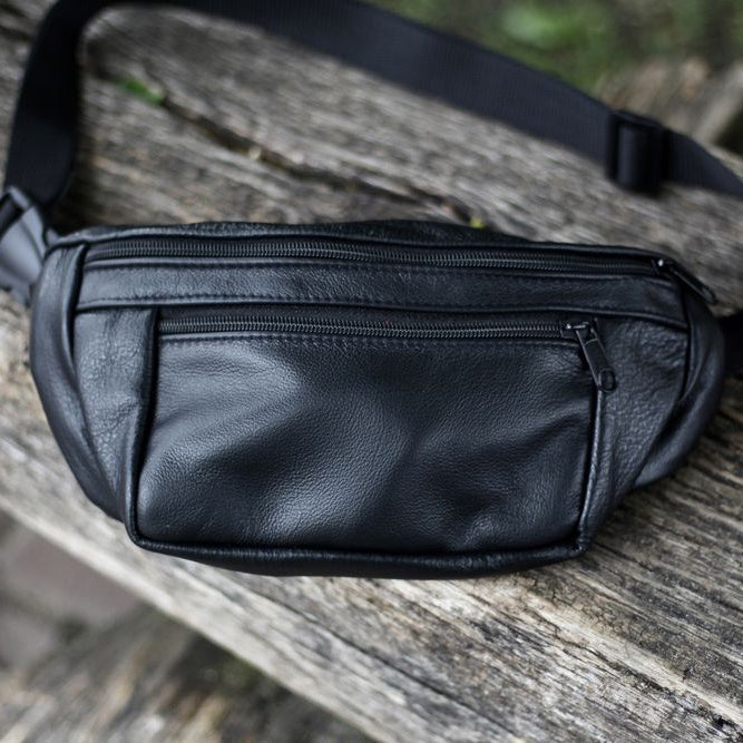 Кожаная качественная бананка мужская - женская сумка, черная сумка из кожи