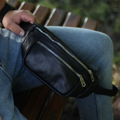 Бананка из натуральной кожи, сумка мужская-женская барсетка черная c серебряным замком