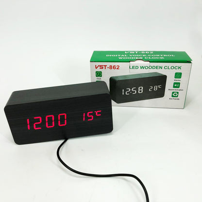 Часы VST-862 черное дерево красная подсветка, Цифровые настольные часы квадратные