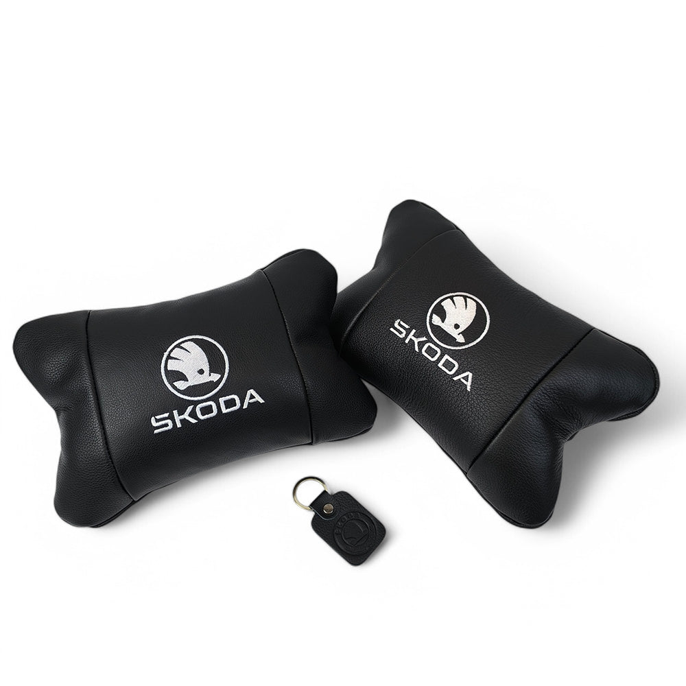 Автомобильные подушки 2 шт на подголовник Skoda / Вред, из натуральной кожи, стильный аксессуар для вашего авто