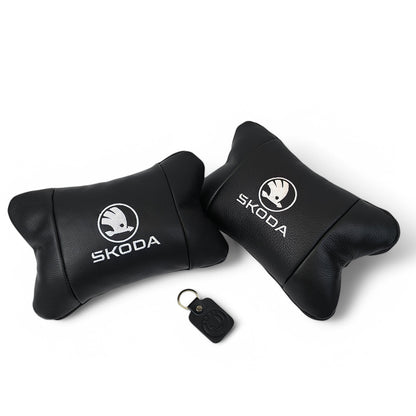 Автомобильные подушки 2 шт на подголовник Skoda / Вред, из натуральной кожи, стильный аксессуар для вашего авто