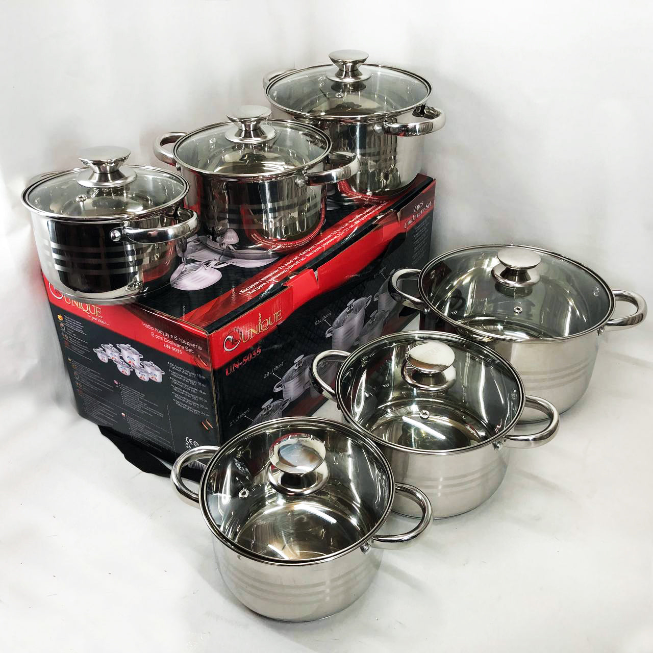 Набор кастрюль UNIQUE UN-5035 из нержавеющей стали с толстым дном в 5 слоев с крышками стеклянными 6 предметов