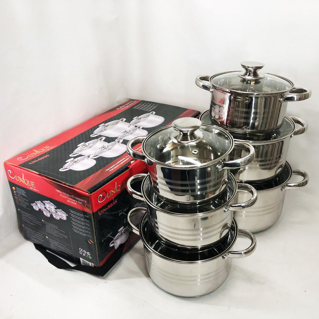 Набор кастрюль UNIQUE UN-5035 из нержавеющей стали с толстым дном в 5 слоев с крышками стеклянными 6 предметов