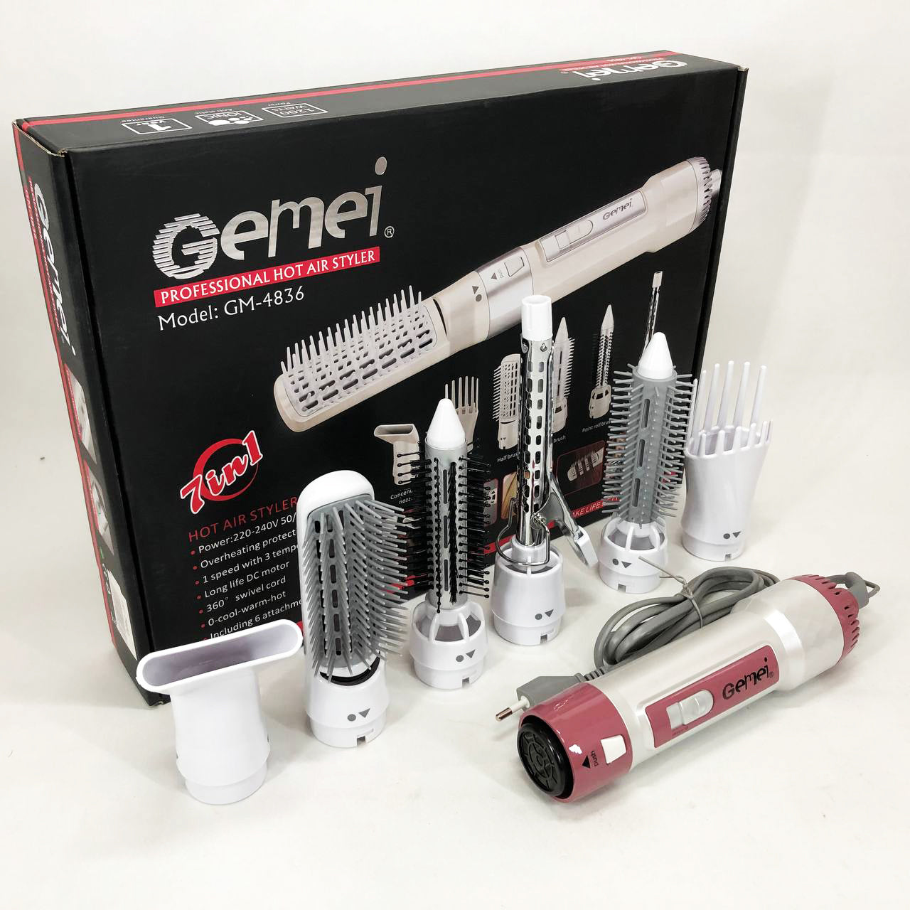Фен для волос стайлер с насадками Gemei GM-4836 7 в 1, Фен-стайлер с различными насадками
