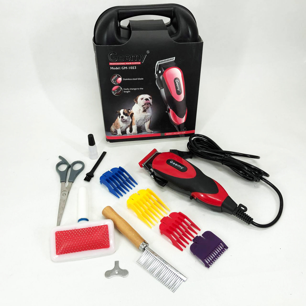 Машинка Gemei GM-1023 для стрижки животных с 4 насадками для любого типа шерсти + ножницы и расческа-гребешок