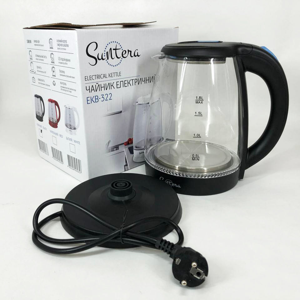 Стеклянные электрические чайники с подсветкой Suntera EKB-322B 1500 Вт чайники с подсветкой. Цвет: черный