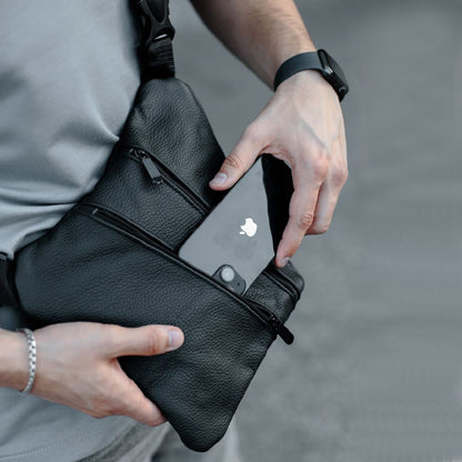 Сумка мужская на 3 карманах, из натуральной кожи, слинг нагрудный черный, мужская сумка кроссбоди