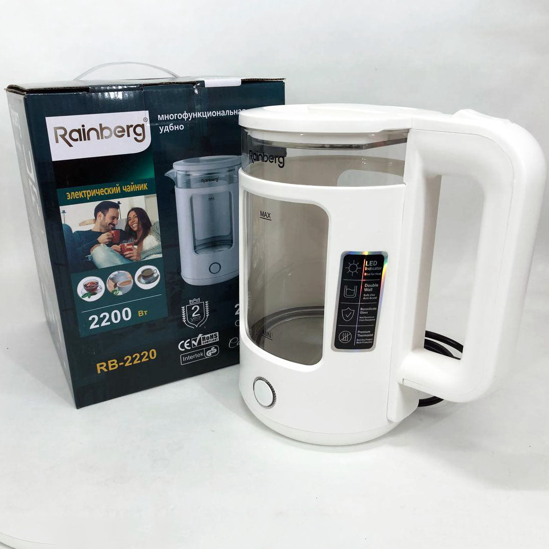 Электрочайник Rainberg RB-2220 стеклянный, дисковый прозрачный. Чайник с подсветкой 2200 Вт. Цвет: белый