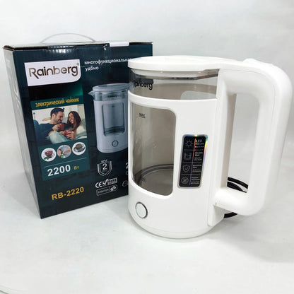 Электрочайник Rainberg RB-2220 стеклянный, дисковый прозрачный. Чайник с подсветкой 2200 Вт. Цвет: белый