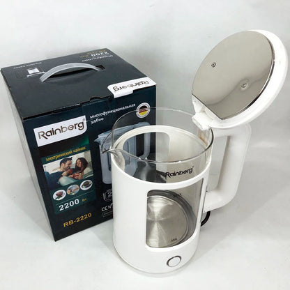 Электрочайник Rainberg RB-2220 стеклянный, дисковый прозрачный. Чайник с подсветкой 2200 Вт. Цвет: белый
