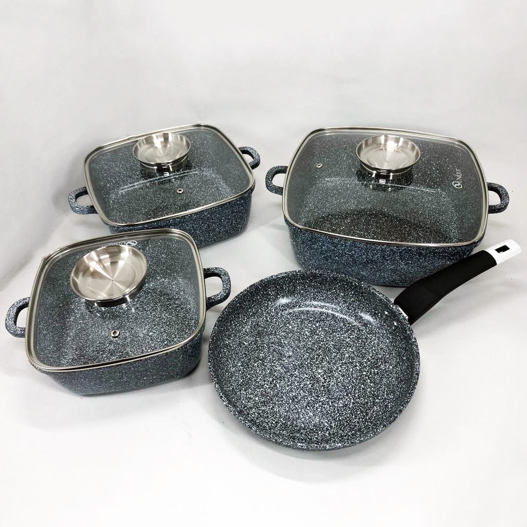 Набор казанов UNIQUE UN-5531 7 предметов, квадрат: 16 см, 20 см, 24 см, круглые 24 см сковорода