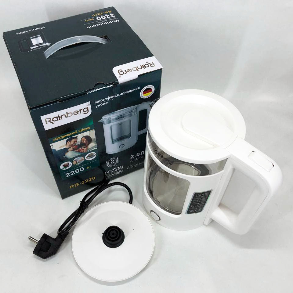 Электрочайник Rainberg RB-2220 стеклянный, дисковый прозрачный. Чайник с подсветкой 2200 Вт. Цвет: белый