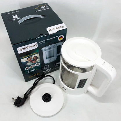 Электрочайник Rainberg RB-2220 стеклянный, дисковый прозрачный. Чайник с подсветкой 2200 Вт. Цвет: белый