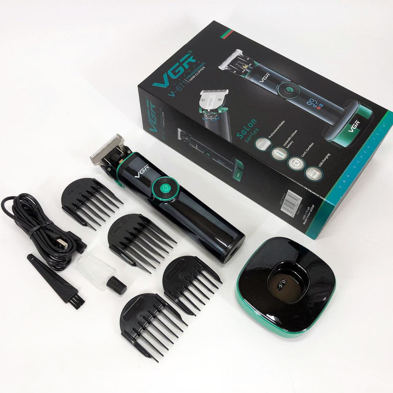 Универсальная машинка триммер для стрижки волос VGR V-671 аккумуляторный с набором насадок и LED дисплеем