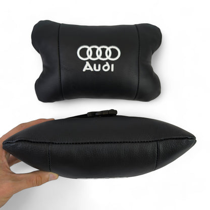 Набор автодушки 2шт на подголовник Audi / Ауди из натуральной кожи черная / Подголовник в машину