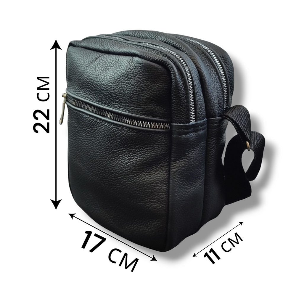 Качественная мужская сумка - мессенджер из натуральной кожи на 4 кармана с серебряной молнией