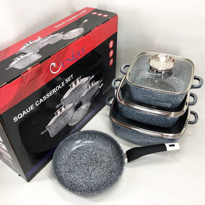 Набор казанов UNIQUE UN-5531 7 предметов, квадрат: 16 см, 20 см, 24 см, круглые 24 см сковорода