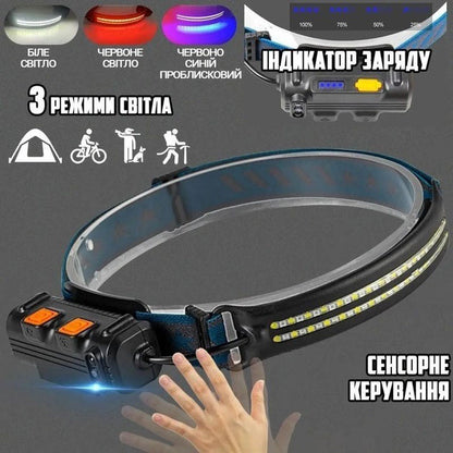 Фонарь налобный аккумуляторный BL-W691-2COB (white/red/RGB) с датчиком движения, мощный налобный фонарь