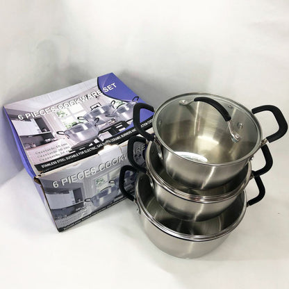 Набор кастрюль 6 предметов LB-1891 из нержавеющей стали со стеклянной крышкой, наборы кастрюль