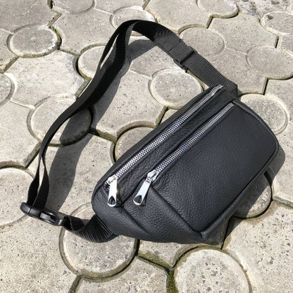 Бананка из натуральной кожи, сумка мужская-женская барсетка черная c серебряным замком