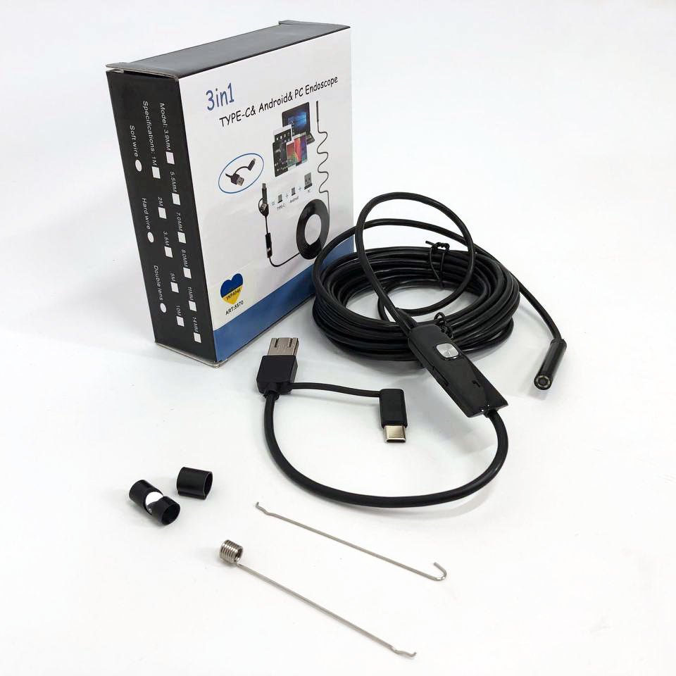 Камера эндоскоп с кабелем на 2 метра 7 мм USB/micro USB с подсветкой, Usb эндоскоп для андроид