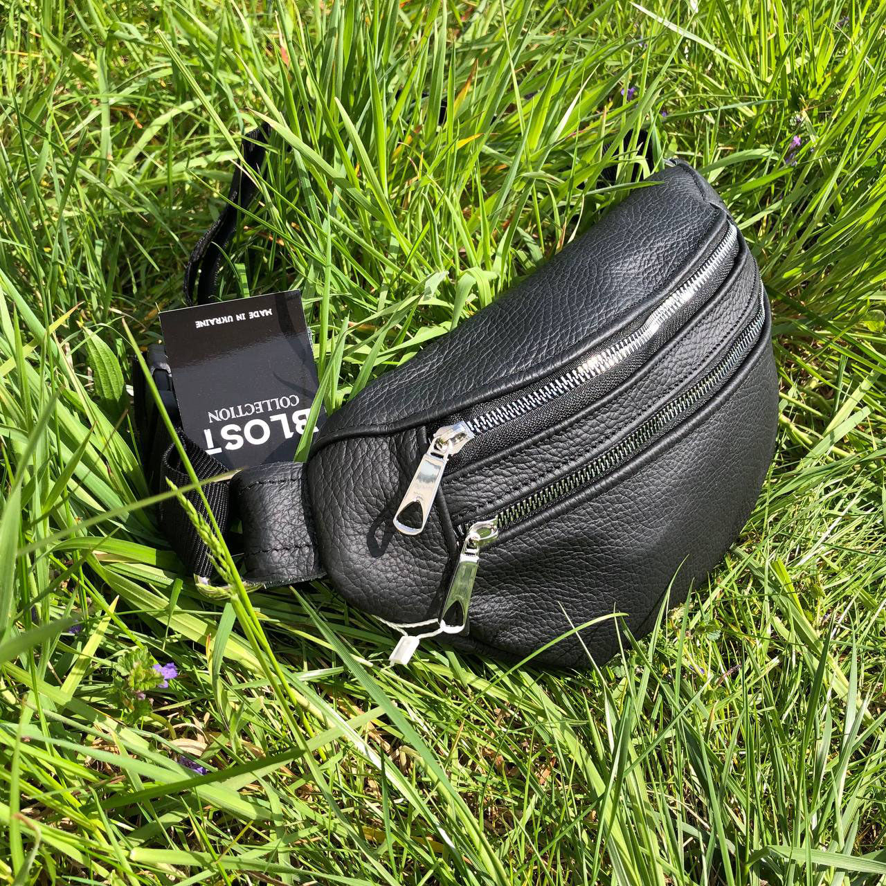 Бананка из натуральной кожи, сумка мужская-женская барсетка черная c серебряным замком