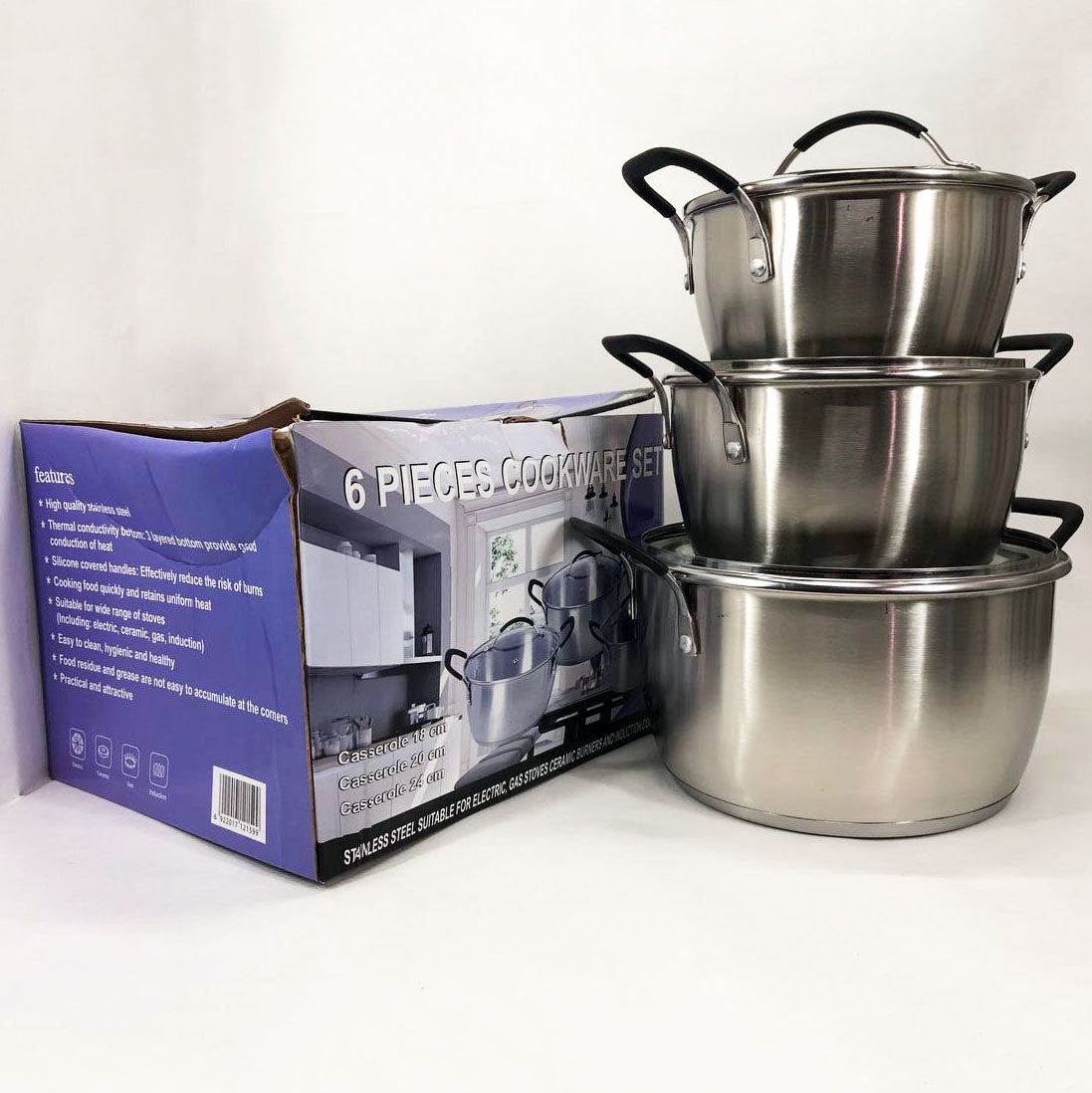 Набор кастрюль 6 предметов LB-1891 из нержавеющей стали со стеклянной крышкой, наборы кастрюль