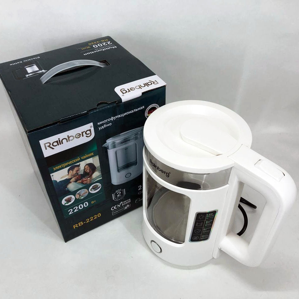 Электрочайник Rainberg RB-2220 стеклянный, дисковый прозрачный. Чайник с подсветкой 2200 Вт. Цвет: белый