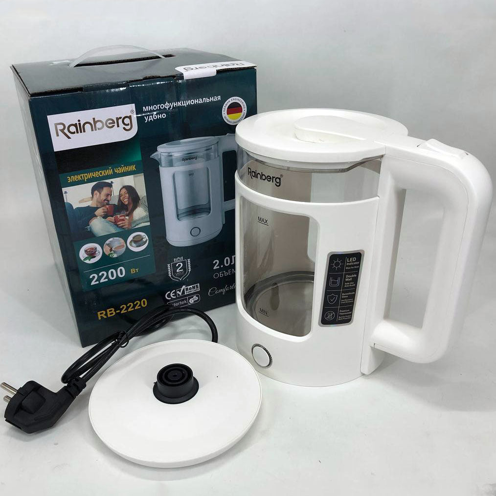 Электрочайник Rainberg RB-2220 стеклянный, дисковый прозрачный. Чайник с подсветкой 2200 Вт. Цвет: белый