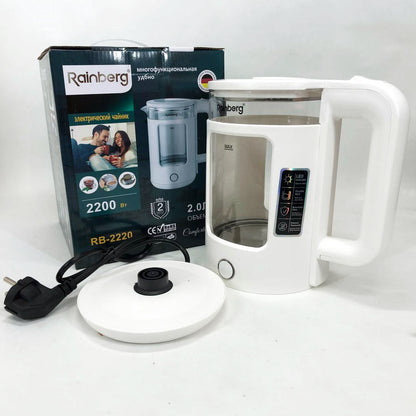 Электрочайник Rainberg RB-2220 стеклянный, дисковый прозрачный. Чайник с подсветкой 2200 Вт. Цвет: белый