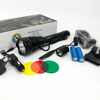 Фонарь тактический Police Q2800-T6 18650 х 2, заряжается от сети 220В и авто ЗУ 12В, выносная кнопка