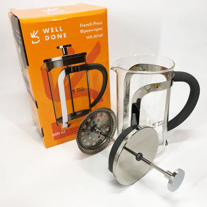 Френч-пресс Well Done WD-8016B с ручкой soft-touch 600 мл, Френч пресс стеклянный на кухню