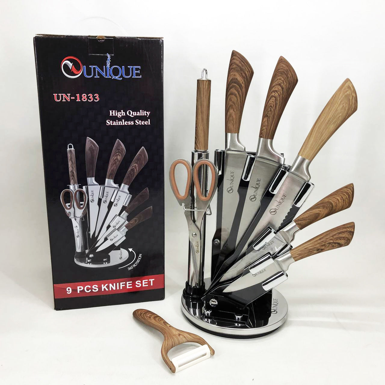 Набор кухонных ножей UNIQUE UN-1833 с деревянными ручками и подставкой