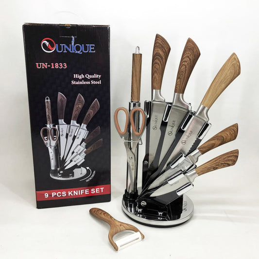 Набор кухонных ножей UNIQUE UN-1833 с деревянными ручками и подставкой
