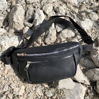 Бананка из натуральной кожи, сумка мужская-женская барсетка черная c серебряным замком