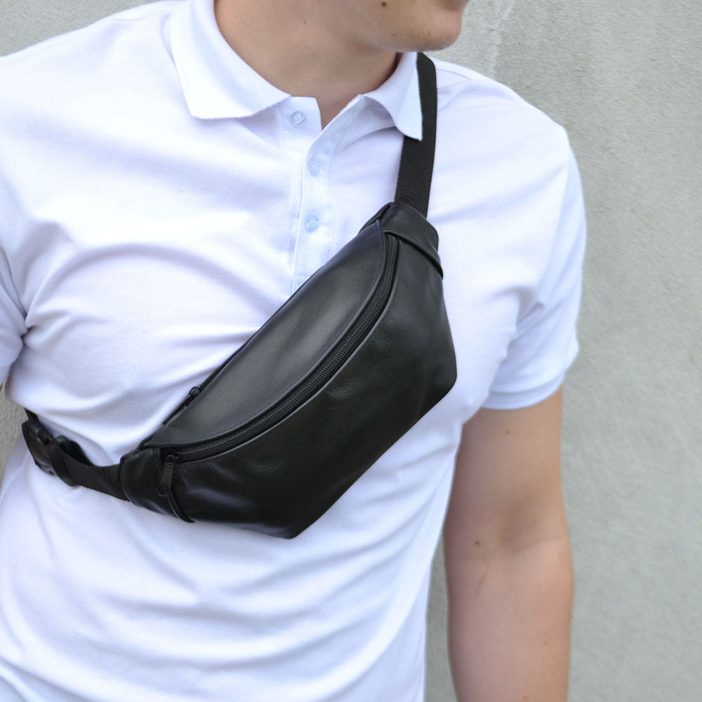 Кожаная бананка, мужская женская сумка из натуральной кожи, черная барсетка