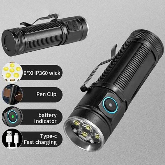 Ручний ліхтарик W5184-6XHP360, Супер яскравий ліхтарик, Суперпотужний пошуковий ручний ліхтар тактичний