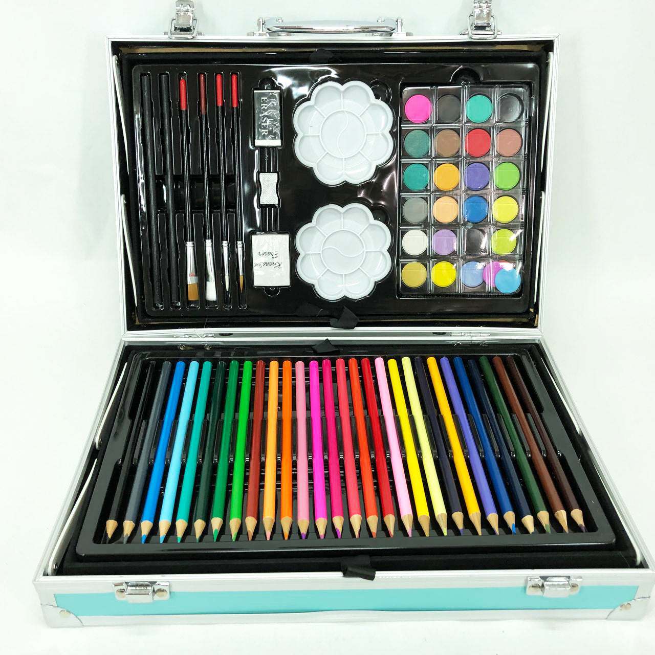 Набор для творчества в алюминиевом чемодане Единорог 145 предметов, чемодан для рисования детский кейс. Цвет: голубой