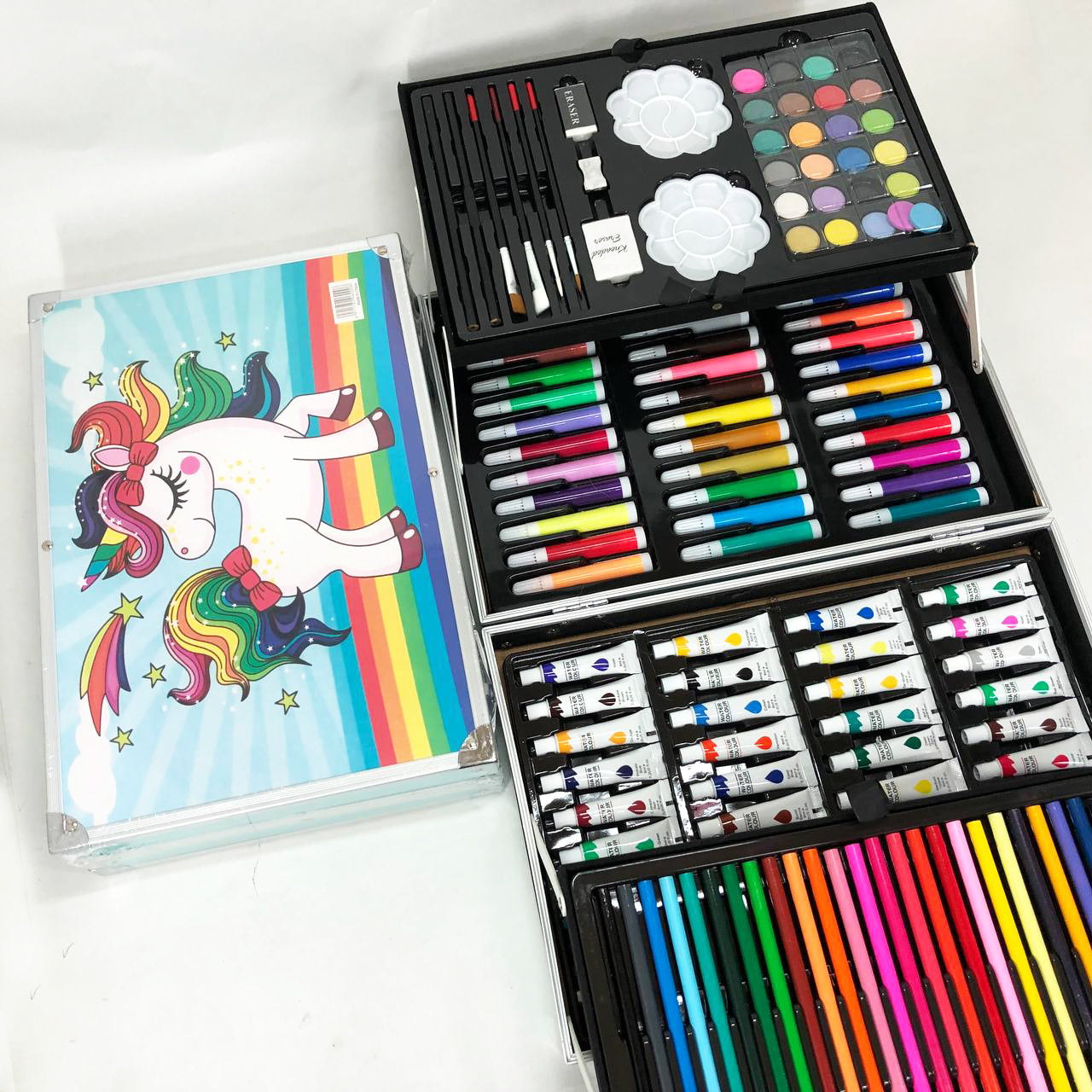 Набор для творчества в алюминиевом чемодане Единорог 145 предметов, чемодан для рисования детский кейс. Цвет: голубой