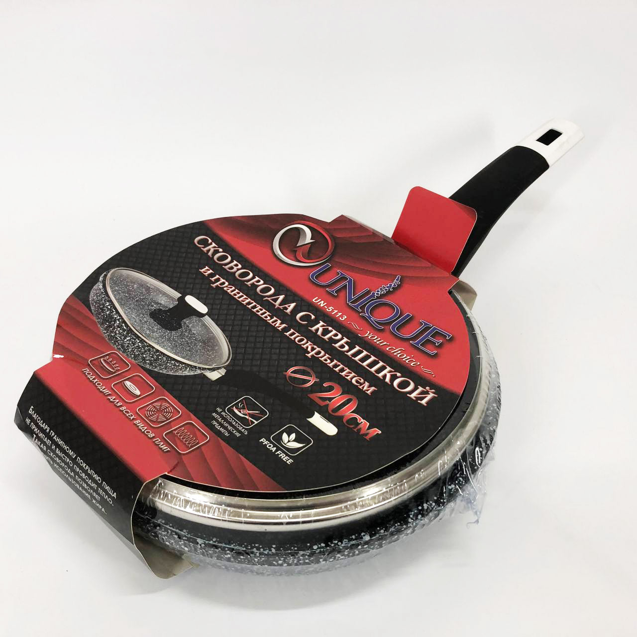 Сковорода с крышкой 20 см светлый гранит UNIQUE UN-5113 | Антипригарная сковорода | Гранитная сковорода